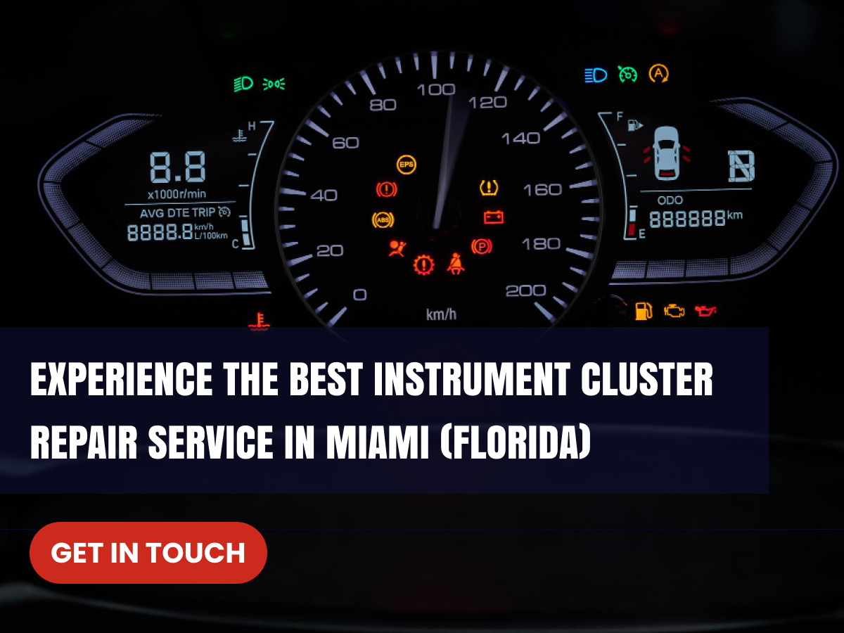 Car dashboard displaying instrument cluster repair service in Miami with various gauges and warning lights.